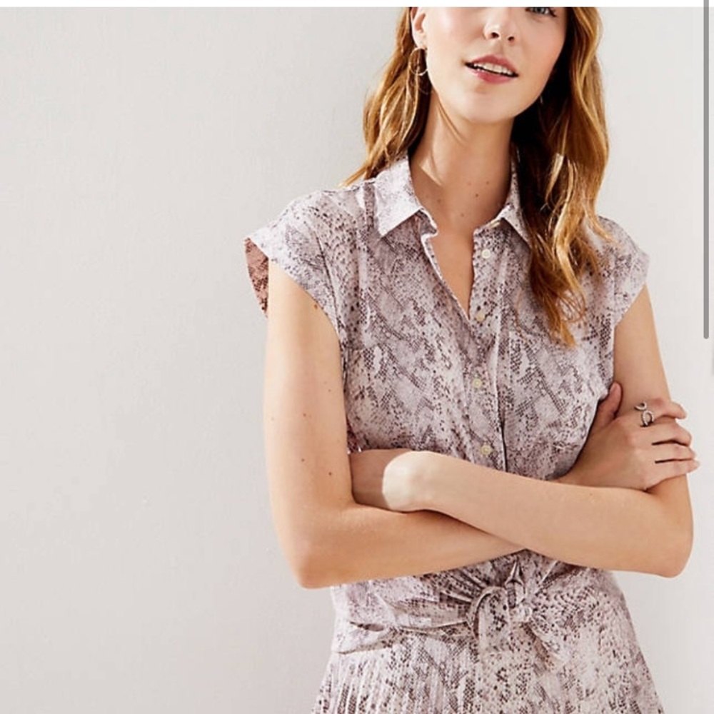 LOFT Snake Print Cap Sleeve Button Down Blouse